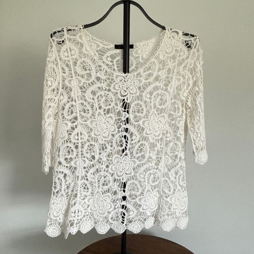 White Crochet Lace Blouse Top Small Boho Floral 3/4 Sleeve